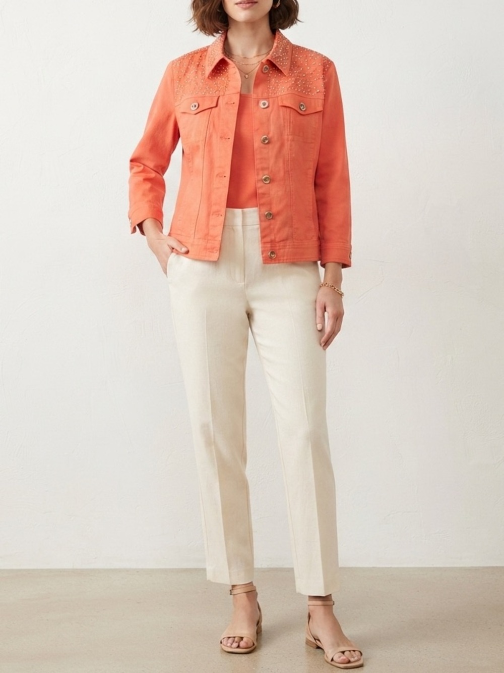 Joan Rivers Orange Stud-Embellished Jean Jacket